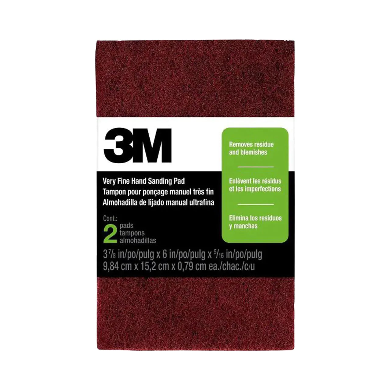The Go Build 3-7/8 in. x 6 in. Hand Sanding Pads are rated at 220 grit, featuring a white label with black text describing their effectiveness in removing blemishes and residue. The package contains two precision-engineered pads.